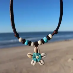 Lederkette Blumenkette Damen Halskette - Muschel kette für Surferinnen ideal für Strand .