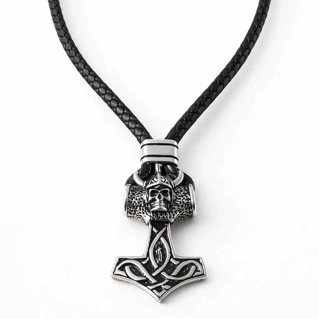 Lederkette Gothic Thor-Hammer Wikinger - Geflochtenes Männer Halskette 6mm Stark, Mjölnir Anhänger