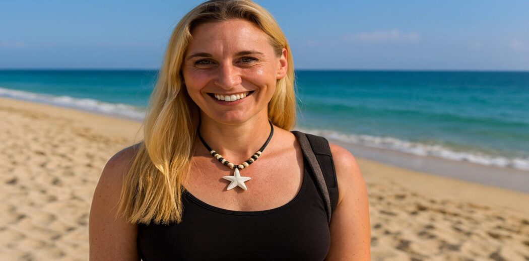 Frau mit Surferkette am Strand – natürliche Materialien, maritimer Style.
